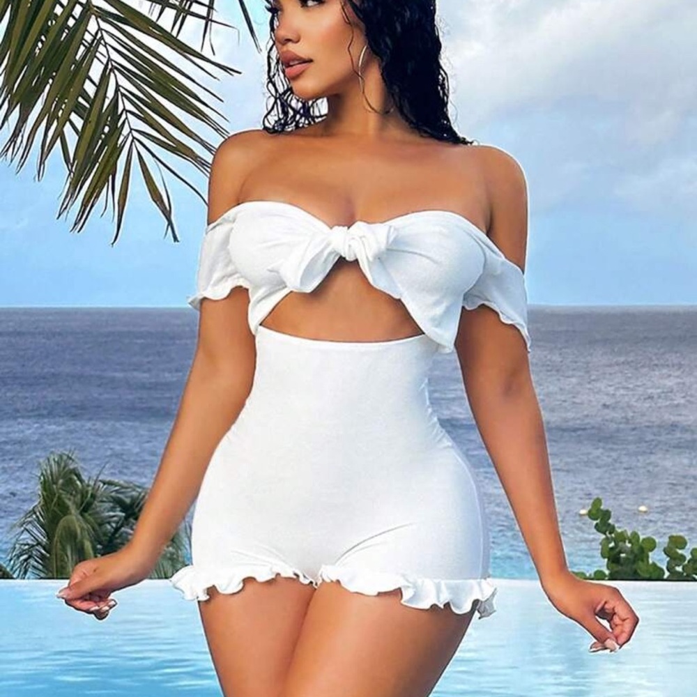 White Off-Shoulder Ruffle Romper